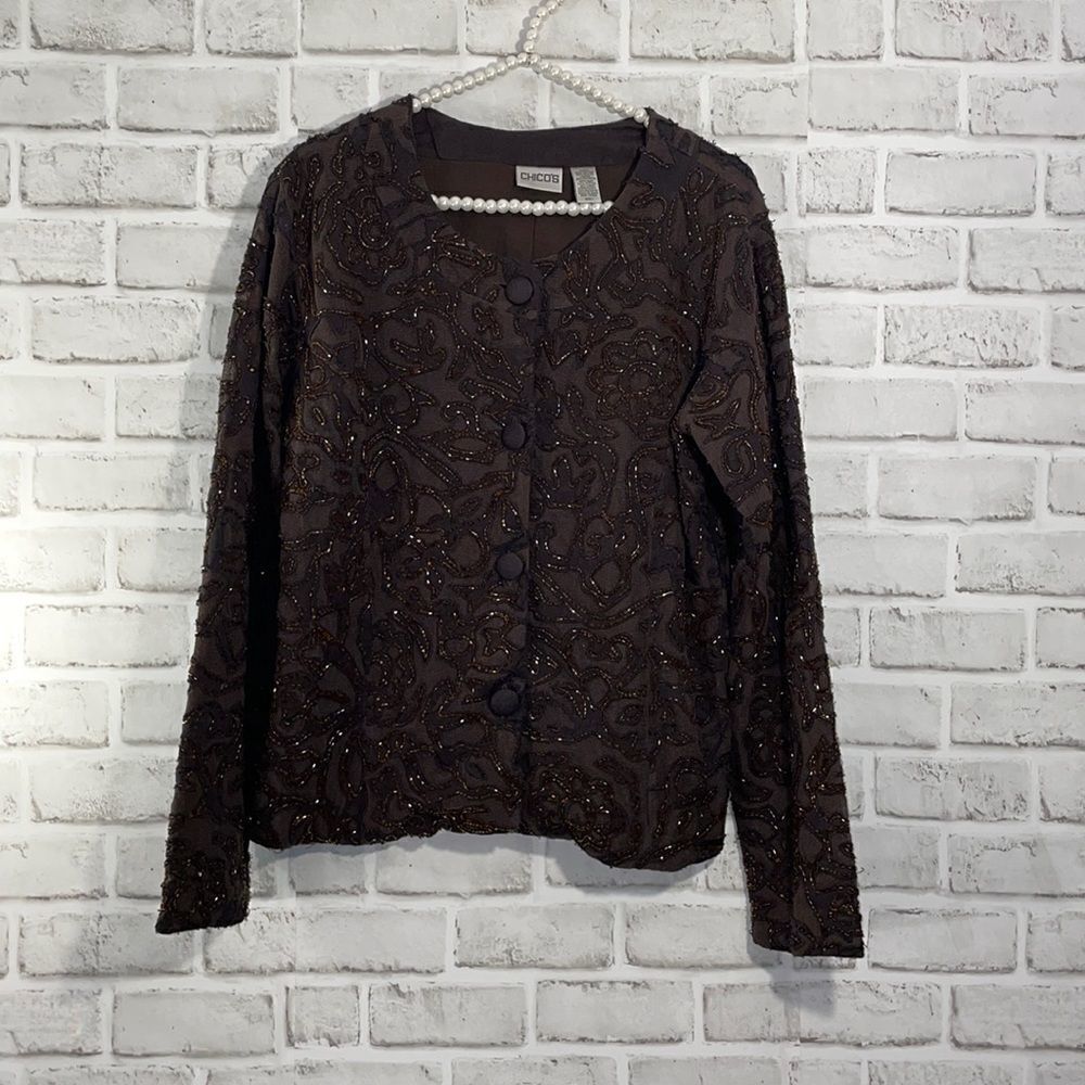 Chico’s Beaded Embroidered Brown Evening Jacket Size 1 or Small Classy Elegant
